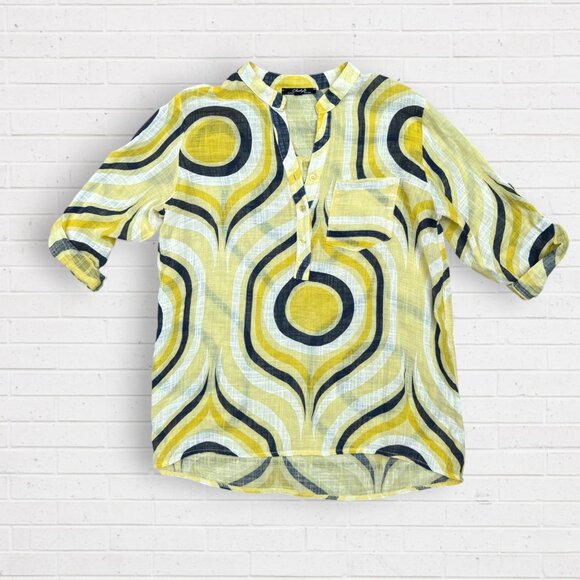 CHARLIE B Yellow Navy Swirl Print 100% Linen Italy Tunic Blouse Top Size M - Picture 1 of 4